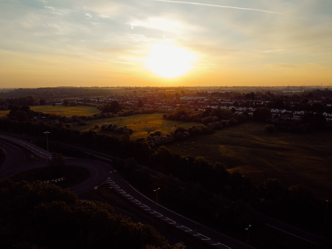 Watford, Hertfordshire: aerial view of city during sunset